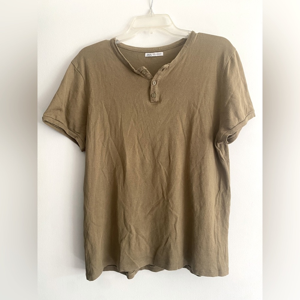 Zara Olive Green Henley Short Sleeve Shirt- Size M